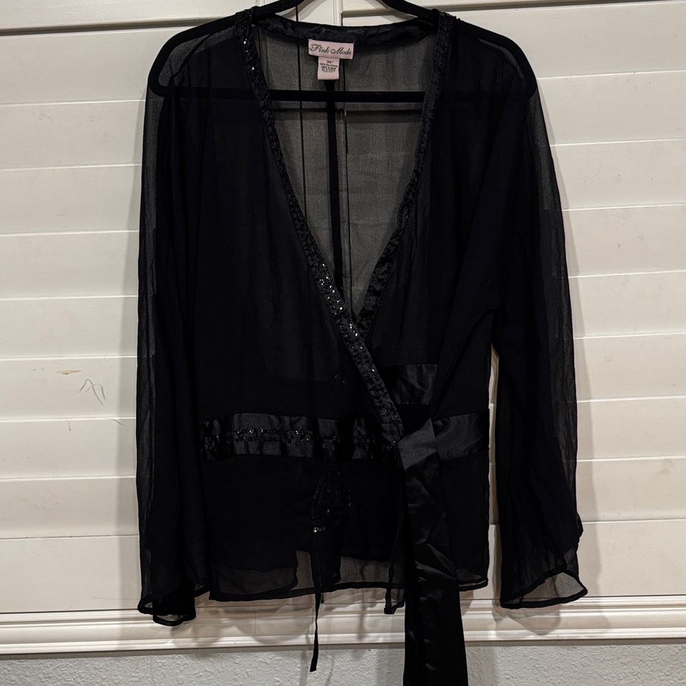 Elegant Black Sheer Blouse with Satin Trim
